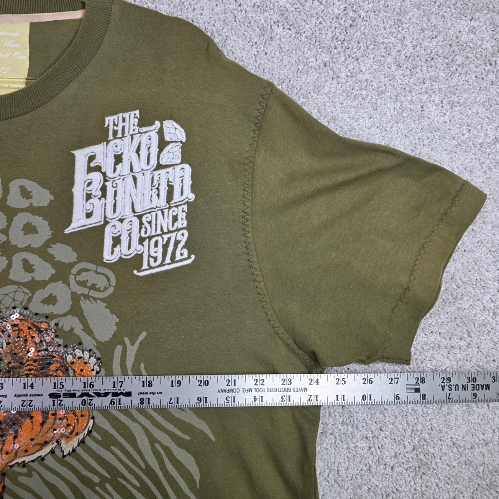 Ecko Unltd Mens XL Olive Green Sequin Tiger Rhino Graphic T-Shirt Y2K Streetwear - Picture 7 of 9